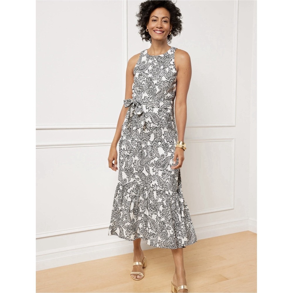 Talbots Midi Dress Size 10 Engraved Metallic Paisley Belted Sleeveless NWT